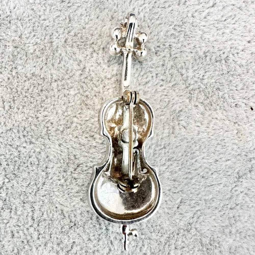 Vintage Silver Tone Violin Musical instrument Clear/Pink Rhinestone Brooch Pin - Picture 5 of 6